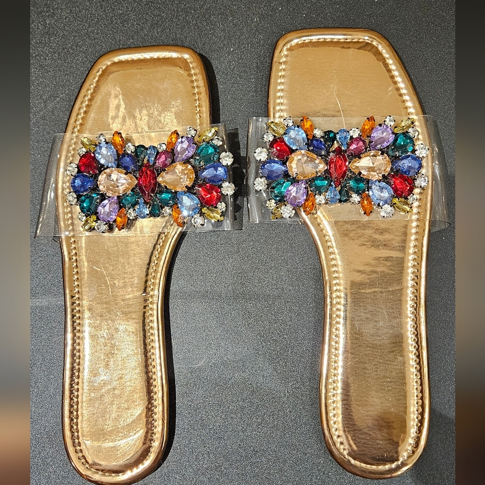 NWOT Embellished Gold Slide Sandals